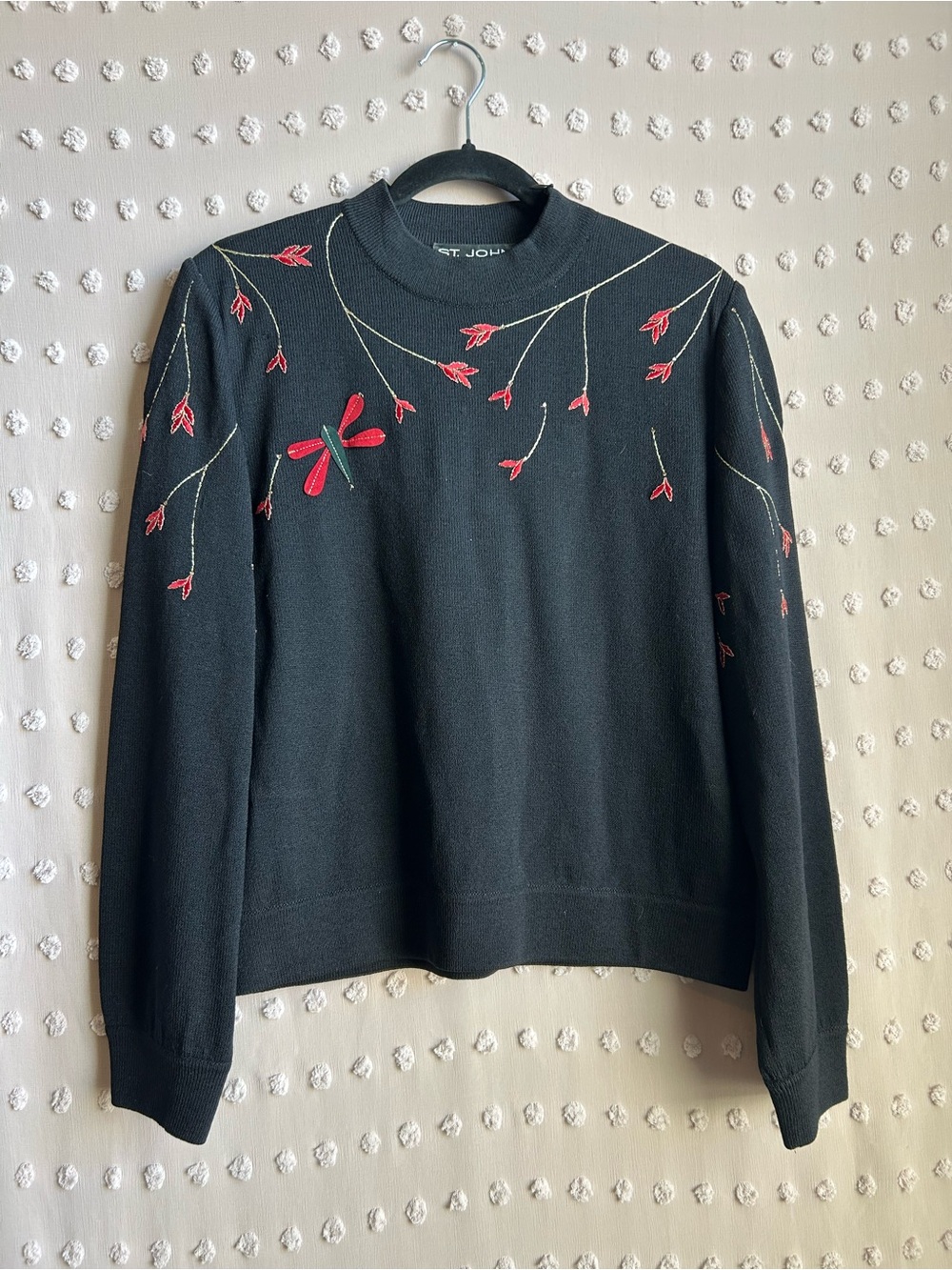 St. John Collection Vintage Mock Neck Sweater Floral Dragonfly Sz M‎ Black